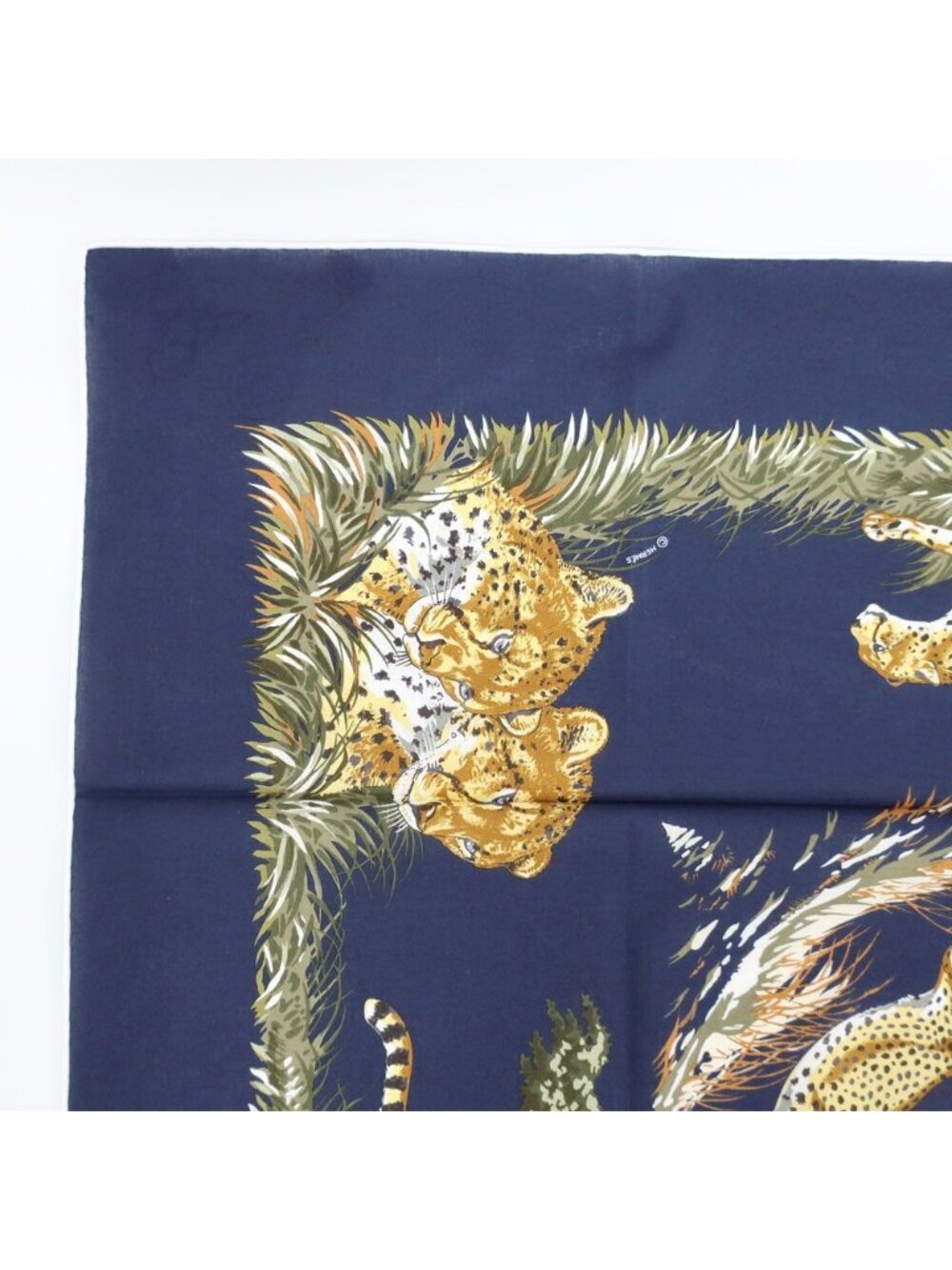 Hermes Carre 80 Cheetah Scarf Cotton Blue Marine Gold Khaki Navy - Picture 6 of 10